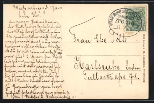 AK Bahnpoststempel Strassburg /Els.-Frankfurt /M. 1910, Zug 90