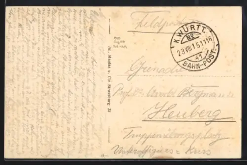 AK Bahnpoststempel K. Württembergische Bahn-Post 1915, Nr. 41