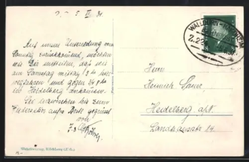 AK Bahnpoststempel Walldürn-Hardheim 1931, Zug 224