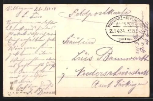 AK Bahnpoststempel Konstanz-Offenburg 1914, Zug 1424
