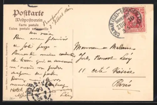 AK Bahnpoststempel Colmar /Els.-Schnierlach 1906, Zug 10
