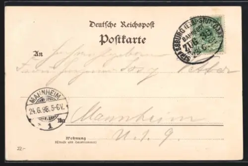AK Bahnpoststempel Strassburg /Els.-Stuttgart 1898, Zug 32