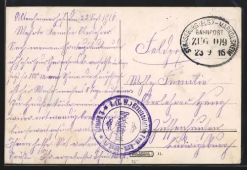 AK Bahnpoststempel Strassburg /Els.-Markolsheim 1916