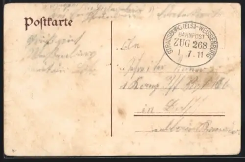 AK Bahnpoststempel Strassburg /Els.-Weissenburg 1911, Zug 268