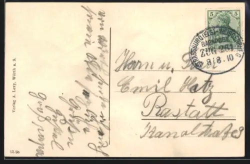 AK Bahnpoststempel Strassburg /Els.-Weissenburg 1910, Zug 261