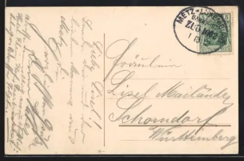 AK Bahnpoststempel Metz-Luxemburg 1912, Zug 1002