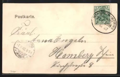 AK Bahnpoststempel Mannheim-Worms 1902, Zug 598