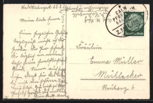 AK Bahnpoststempel Calw-Pforzheim 1936, Zug 3131