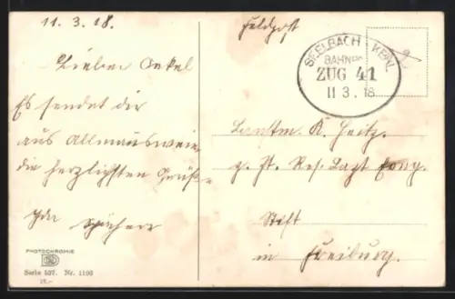 AK Bahnpoststempel Seelbach-Kehl 1918, Zug 41