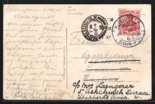 AK Bahnpoststempel K. Württembergische Bahn-Post 1910, Ulm 65