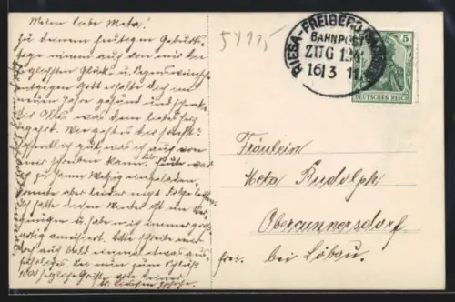 AK Bahnpoststempel Riesa-Freiberg /Sachsen 1911, Zug 124