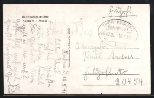 AK Bahnpoststempel Trier-Koblenz 1941, Zug 439