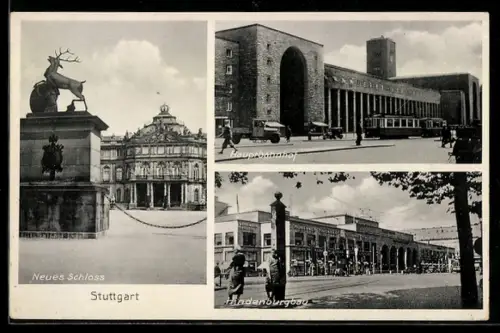 AK Stuttgart, Partie vor dem Hauptbahnhof, Neues Schloss und Hindenburgbau