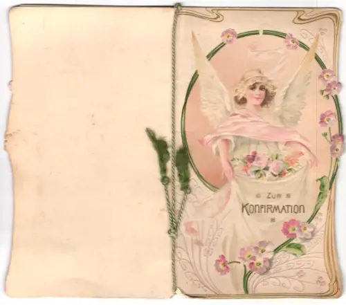 Glückwunschkarte Engel mit Tuch und Blumen, Konfirmation