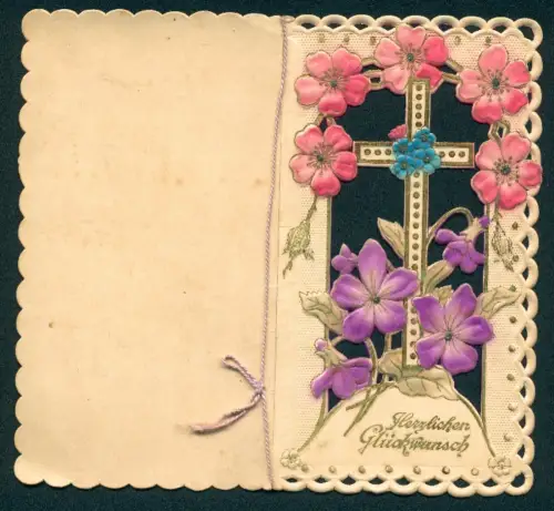 Glückwunschkarte Kreuz mit bunden Blumen geschmückt, Konfirmation