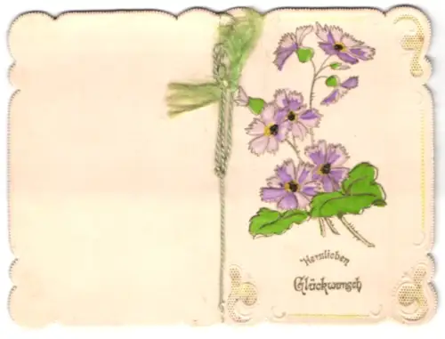 Glückwunschkarte Lilane Blüten mit Blattwerk, Geburtstagsgrüsse