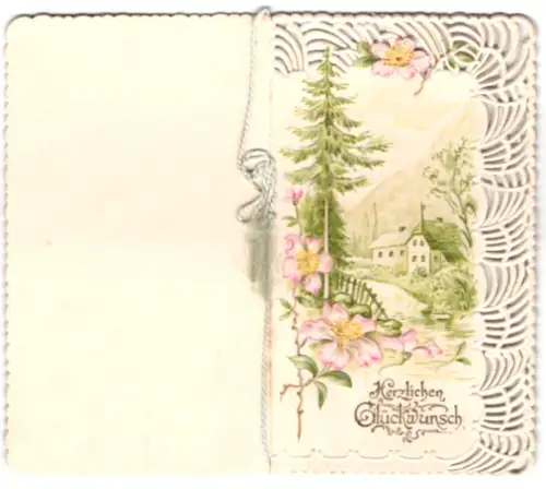 Glückwunschkarte Rosane Blüten mit idyllischer Landschaft, Geburtstag, Gedicht