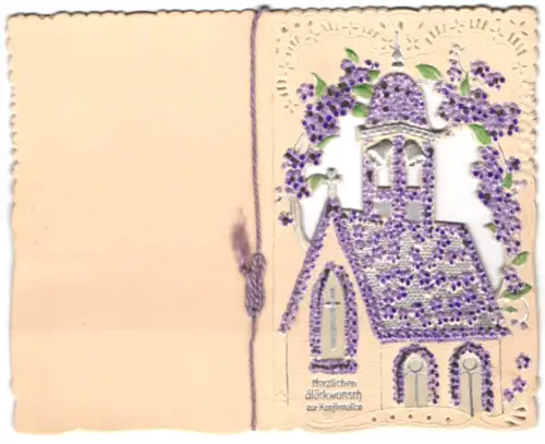 Glückwunschkarte Kirche mit Dach und Turm aus lilanen Blumen, Konfirmation