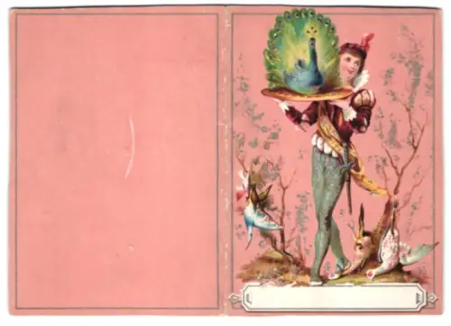 Glückwunschkarte Mann trägt einen Pfau au einem Tablett