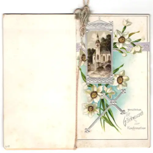 Glückwunschkarte Kirche in silbernem Rahmen mit weissen Blumen, Kreuz, Konfirmation