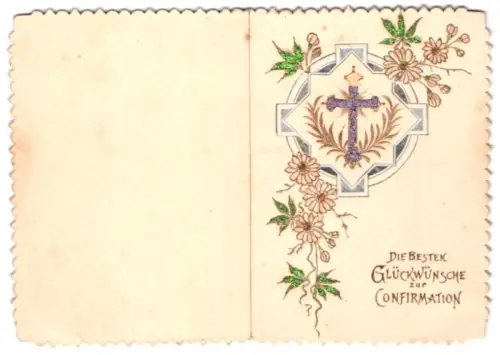Glückwunschkarte Kreuz mit rosanen Blüten und glitzernden Blättern, Konfirmation