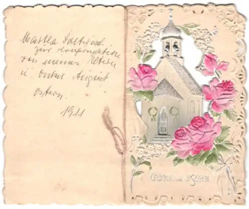 Glückwunschkarte Kirche umrahmt von rosanen Rosen, Konfirmation