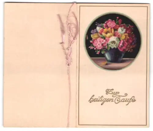 Glückwunschkarte Blumenstrauss auf einem Tisch, Jesus mit Kind, Taufe