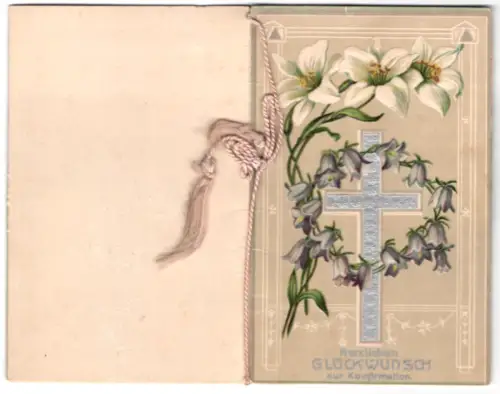 Glückwunschkarte Kreuz geschmückt mit Blumen, Konfirmation, Gedicht