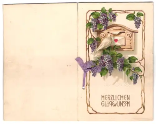 Glückwunschkarte Weisse Taube am Briefkasten, Lilane Blüten, Geburtstag