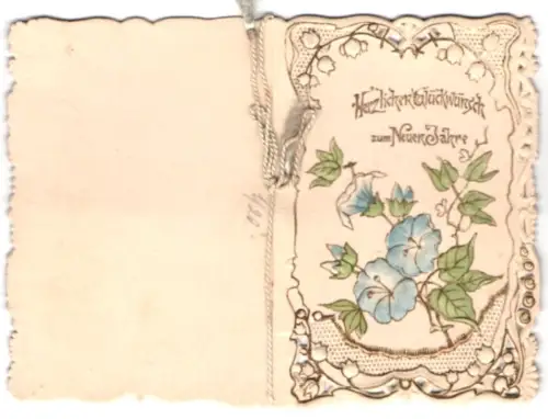 Glückwunschkarte Blaue und weisse Blüten mit goldenem Rahmen, Neujahr