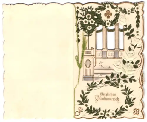 Glückwunschkarte Griechische Säulen, Klee und Blumengirlanden, Hochzeit