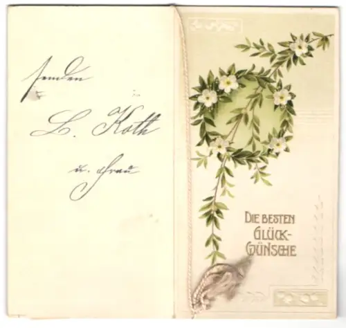 Glückwunschkarte Kranz aus Blättern und weissen Blümchen, Hochzeit