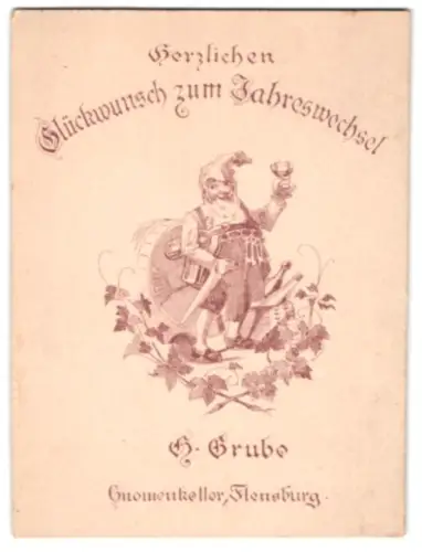 Glückwunschkarte Zwerg erhebt sein Weinglas, Glückwunsch zum Jahreswechsel, Gnomenkeller H. Grube in Flensburg