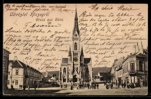 AK Güns, Marktplatz mit Kirche
