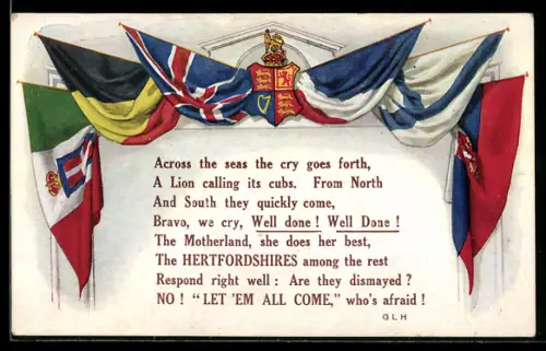 Künstler-AK Hertfordshire, The Hertfordshires, Across the seas the cry goes forth