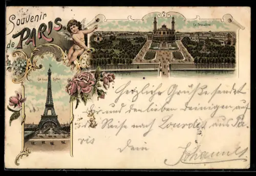 Lithographie Paris, Le Trocadéro, La tour Eiffel