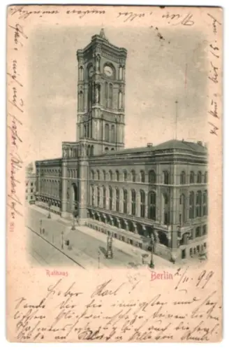 Relief-AK Berlin, Rathaus in der Aussenansicht mit Strassenbahnschienen