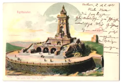 Relief-AK Kyffhäuser, Kyffhäuserdenkmal mit Besuchern und Grünanlagen