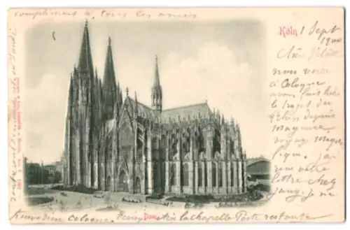 Relief-AK Köln, Dom in der Aussenansicht mit Grünanlagen