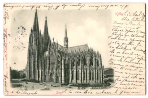 Relief-AK Köln, Dom in der Aussenansicht mit Grünanlagen