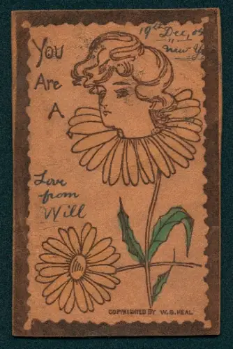 Leder-AK Gesicht einer hübschen Frau erblüht in einer Blume, Metamorphose, Jugendstil