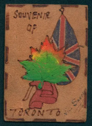 Leder-AK Toronto, Ahornblatt vor einem tränenförmigen Union Jack