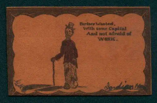 Leder-AK Landstreicher mit Zylinder und Gehstock, Partner wanted, with some capital and not afraid of work