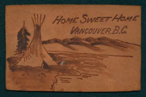 Leder-AK Vancouver, Wigwam vor einem Gebirgspanorama