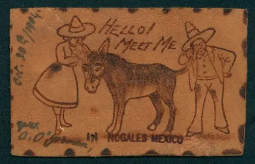 Leder-AK Nogales, Mann und Frau mit einem Esel