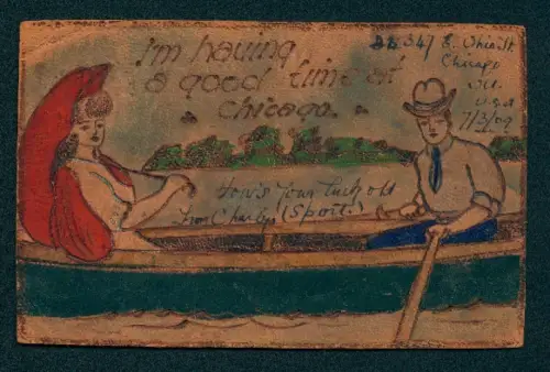 Leder-AK Elegantes Paar mit Regenschirm sitzt in einem Ruderboot