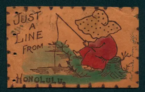 Leder-AK Honolulu, Person mit grossem Hut beim Angeln