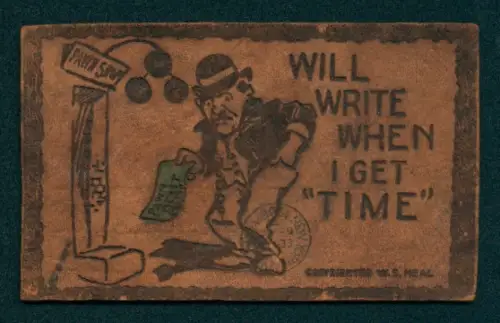 Leder-AK Mann steht vor einem Pfandleiher