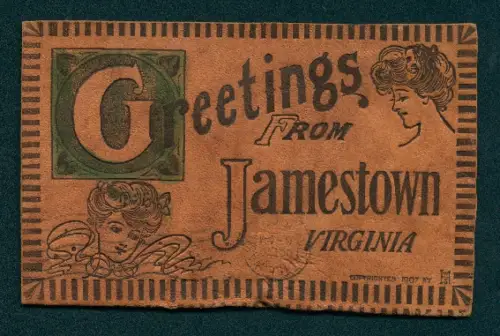 Leder-AK Jamestown, Hübsche Frau mit hochgesteckten Haaren im Profil