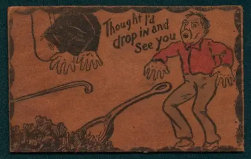 Leder-AK Mann fällt von der Decke und erschreckt einen anderen Mann mit riesigem Löffel